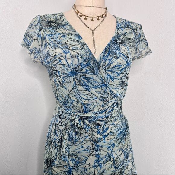Y2K 00s Mesh Faux Wrap Dress Blue Floral V-Neck Sweet Pea Large Resort Vacation - Picture 3 of 10